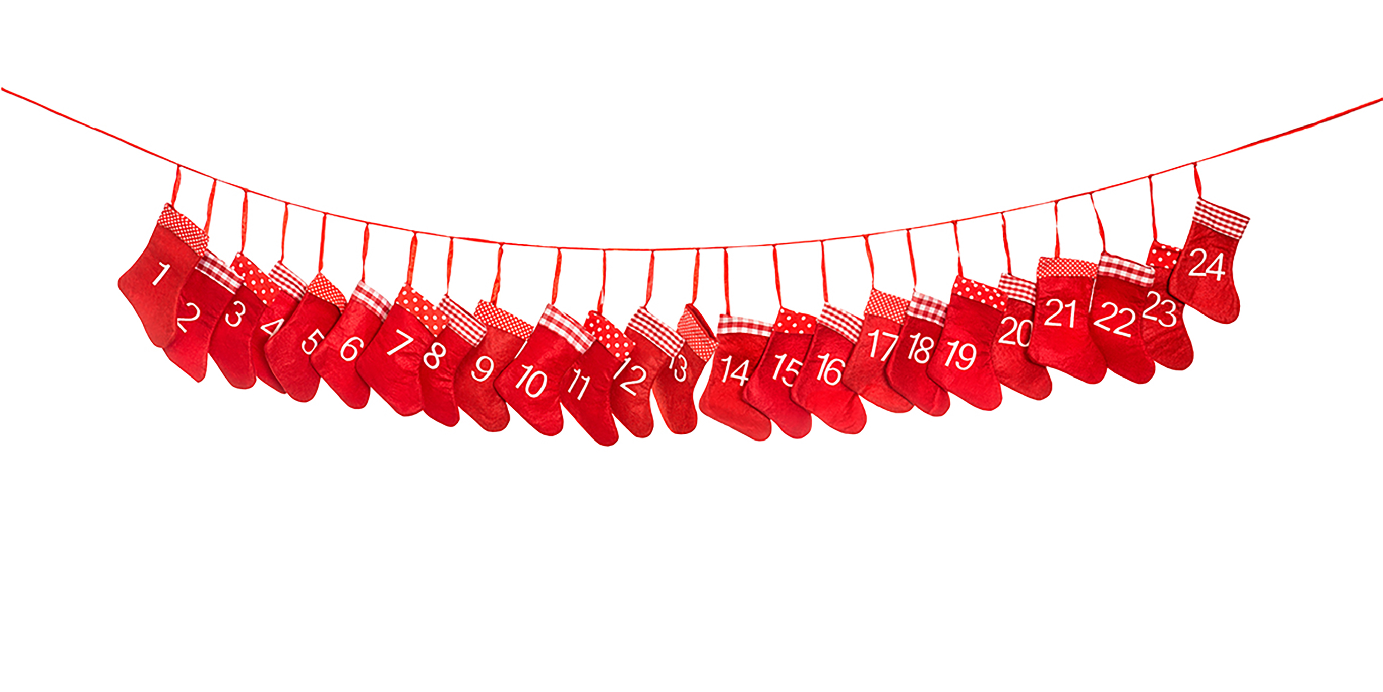 röda strumpor numrerade från 1 till 24 och upphängda på ett snöre