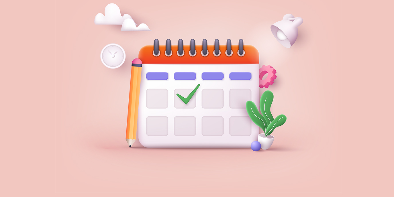 Illustration av en uppslagen kalender omgiven av penna och krukväxt.