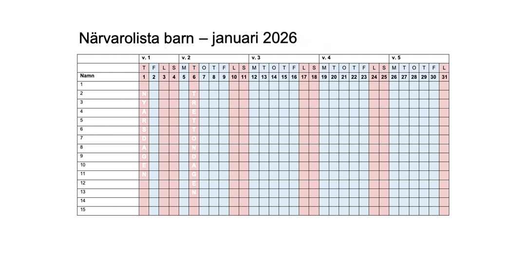 Ett kalenderblad för januari 2026.