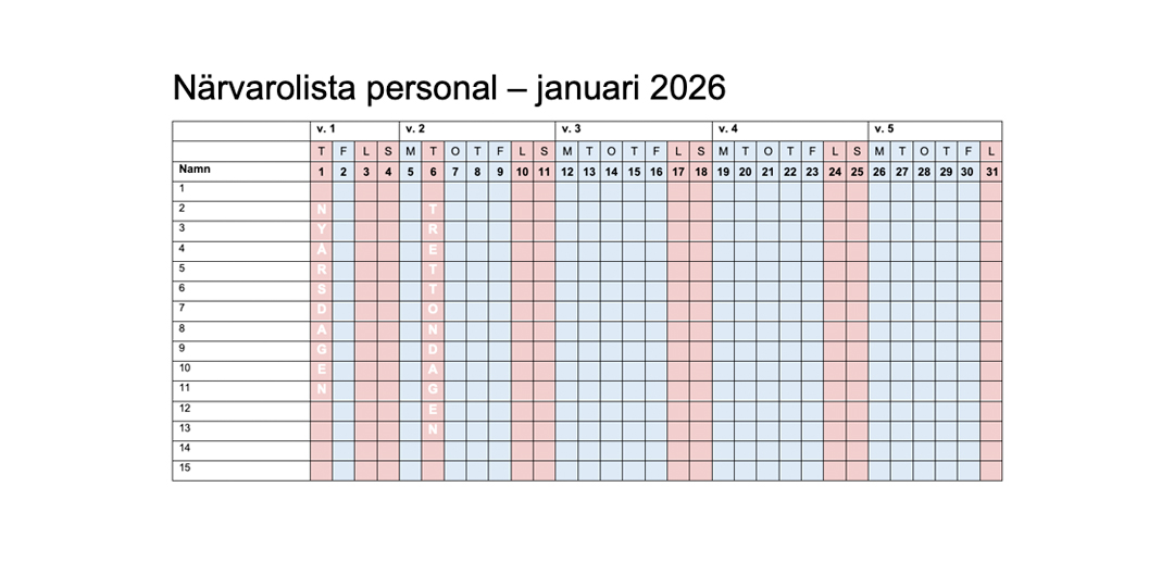 Kalenderblad för januari månad 2026.