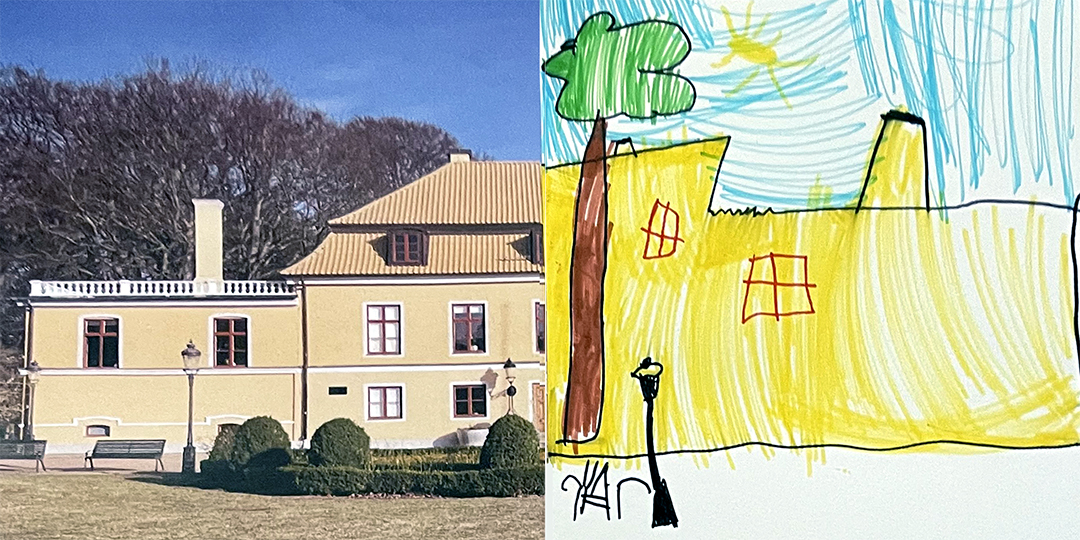 Foto och barnteckning av samma byggnad.