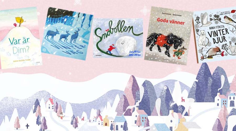 Bilder på barnböcker som handlar om vintern.