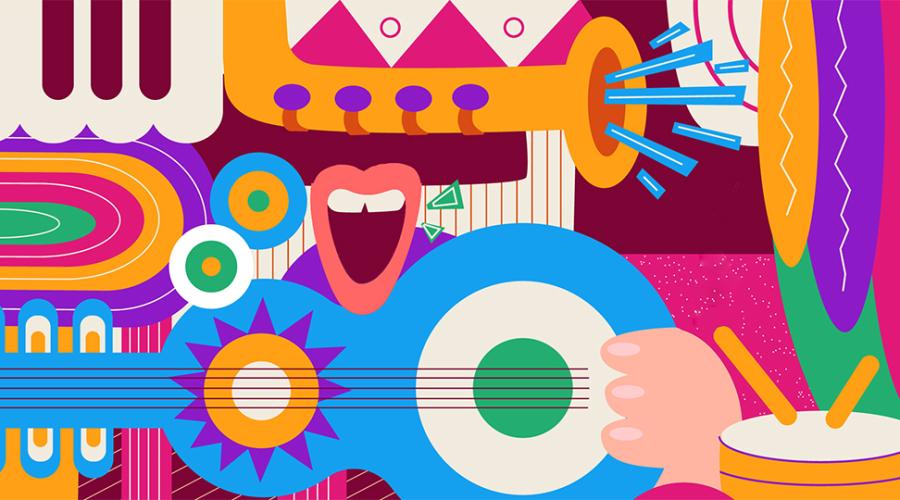 Illustration med symboler för musik