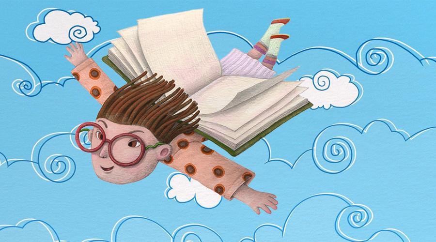 En pojke flyger med hjälp av en uppslagen bok som vingar.