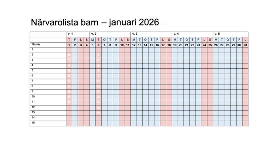 Ett kalenderblad för januari 2026.