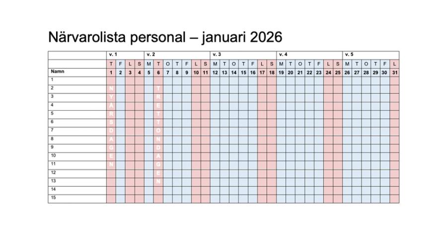 Kalenderblad för januari månad 2026.