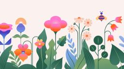 Illustration med blommor och bin.