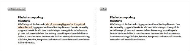 En detaljbild av ett uppslag med jämförande text. 